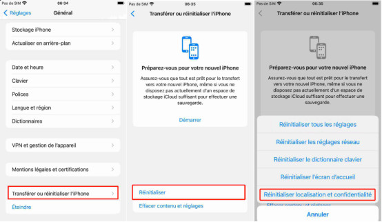 Réinitialiser les paramètres de localisation